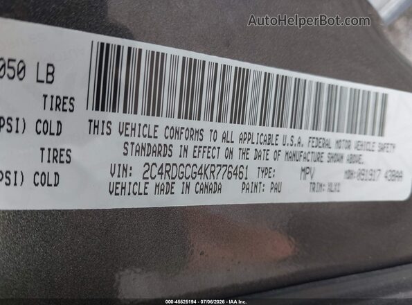 2C4RDGCG4KR776461 2019 DODGE GRAND CARAVAN Gray Widok komory silnika