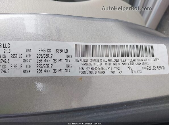 2C4RDGCG5GR317611 2016 DODGE GRAND CARAVAN Gray ძრავის განყოფილების ხედი