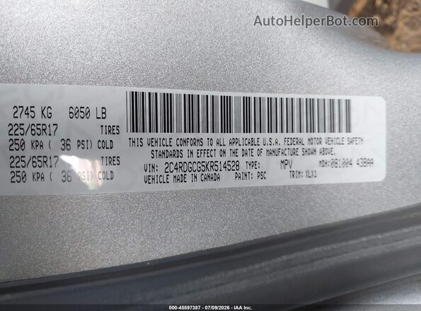 2C4RDGCG5KR514528 2019 DODGE GRAND CARAVAN Silver Вид підкапотного простору