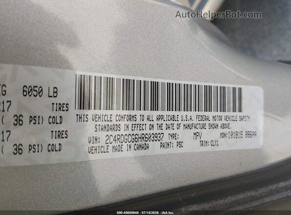 2C4RDGCG6HR603937 2017 DODGE GRAND CARAVAN Silver Engine compartment view