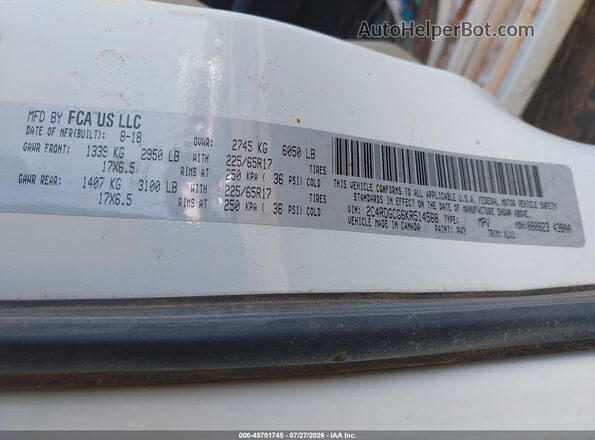 2C4RDGCG6KR514568 2019 DODGE GRAND CARAVAN White Widok komory silnika