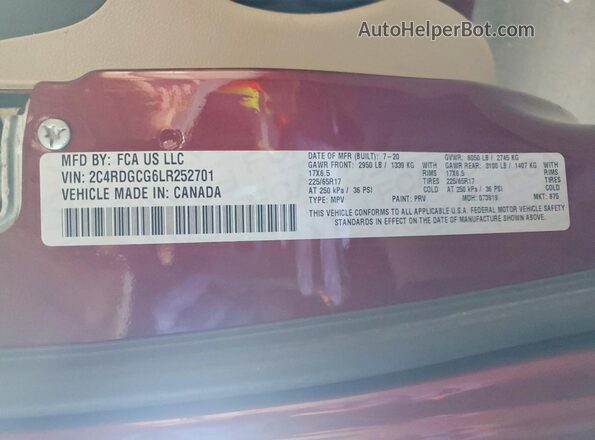 2C4RDGCG6LR252701 2020 DODGE GRAND Red VIN sticker view