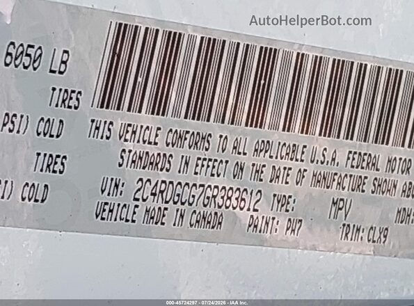 2C4RDGCG7GR383612 2016 DODGE GRAND CARAVAN White Vista del compartimento del motor