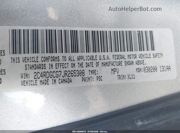 2C4RDGCG7JR265308 2018 DODGE GRAND CARAVAN Silver Engine compartment view