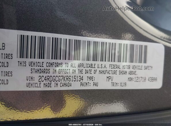 2C4RDGCG7KR615134 2019 DODGE GRAND CARAVAN Gray ძრავის განყოფილების ხედი