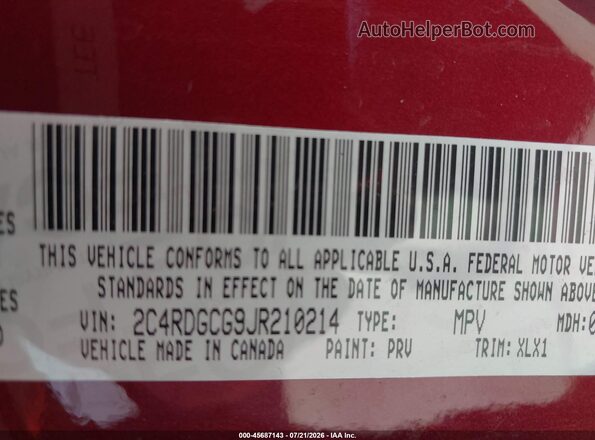 2C4RDGCG9JR210214 2018 DODGE GRAND CARAVAN Red Engine compartment view