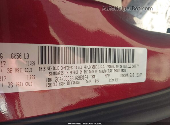 2C4RDGCG9JR283194 2018 DODGE GRAND CARAVAN Maroon Vista del compartimento del motor