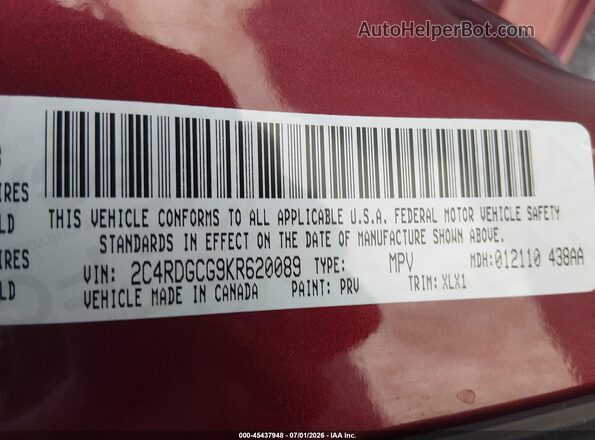 2C4RDGCG9KR620089 2019 DODGE GRAND CARAVAN Красный Вид подкапотного пространства
