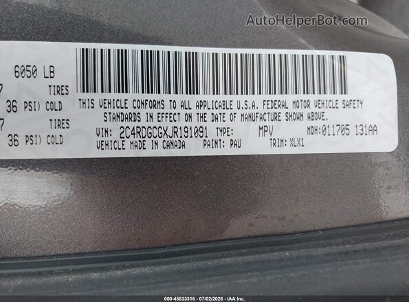2C4RDGCGXJR191091 2018 DODGE GRAND CARAVAN Gray Вид підкапотного простору