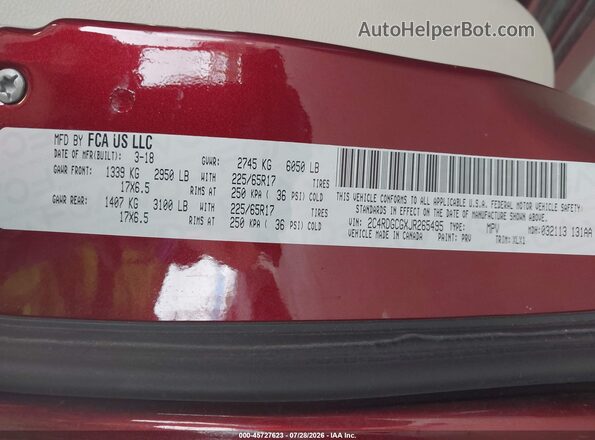 2C4RDGCGXJR265495 2018 DODGE GRAND CARAVAN Red Vista del compartimento del motor