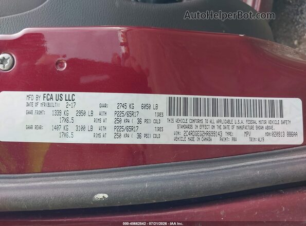 2C4RDGEG2HR699143 2017 DODGE GRAND CARAVAN Burgundy Շարժիչի բաժամունքի տեսք