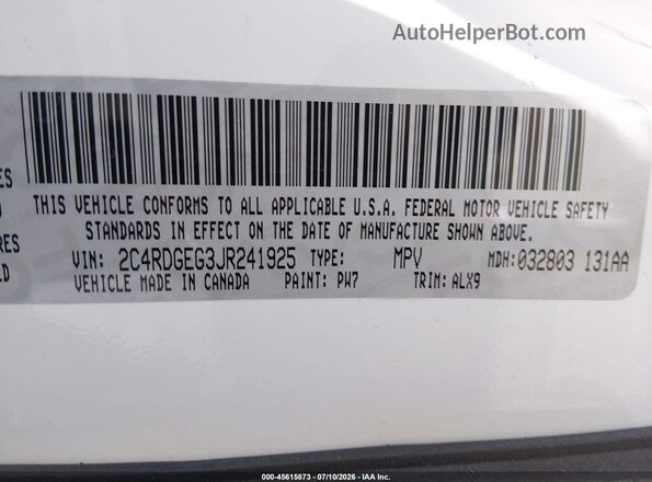 2C4RDGEG3JR241925 2018 DODGE GRAND CARAVAN White Widok komory silnika