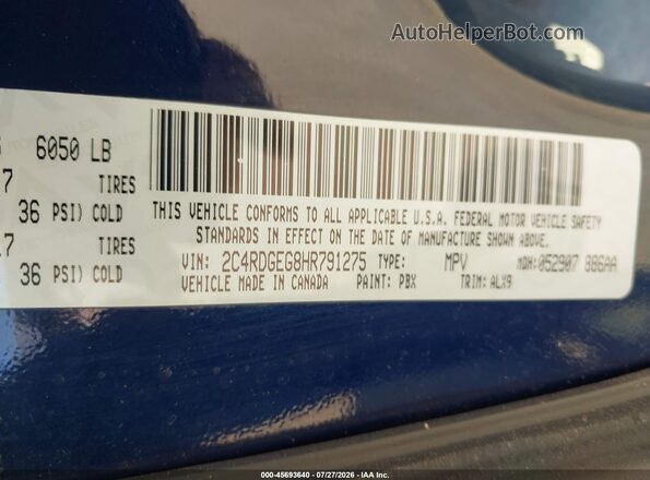 2C4RDGEG8HR791275 2017 DODGE GRAND CARAVAN Blue Вид підкапотного простору