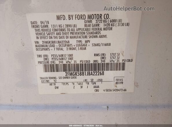 2FMGK5B81JBA22268 2018 FORD FLEX White Widok komory silnika