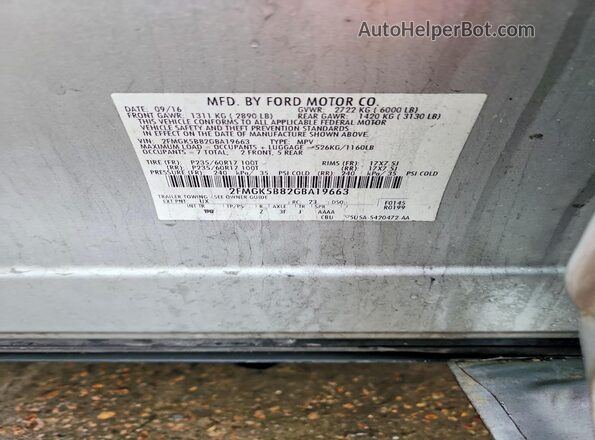2FMGK5B82GBA19663 2016 FORD FLEX Silver VIN კოდის სტიკერის ხედი