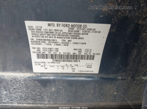2FMGK5B82KBA10874 2019 FORD FLEX Blue Engine compartment view