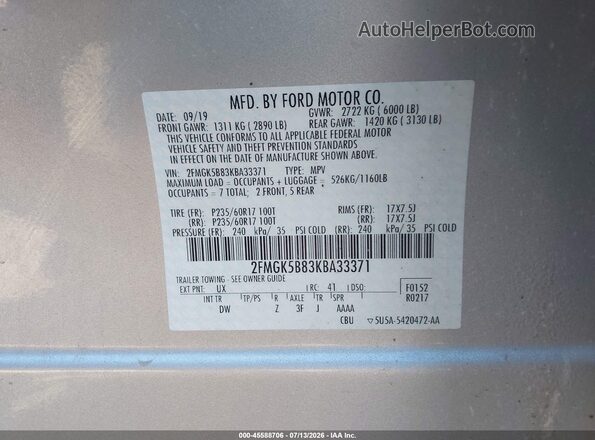 2FMGK5B83KBA33371 2019 FORD FLEX Silver Вид підкапотного простору