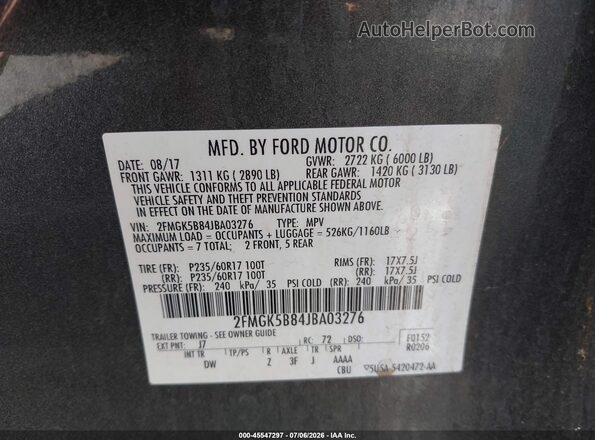 2FMGK5B84JBA03276 2018 FORD FLEX Gray Вид підкапотного простору