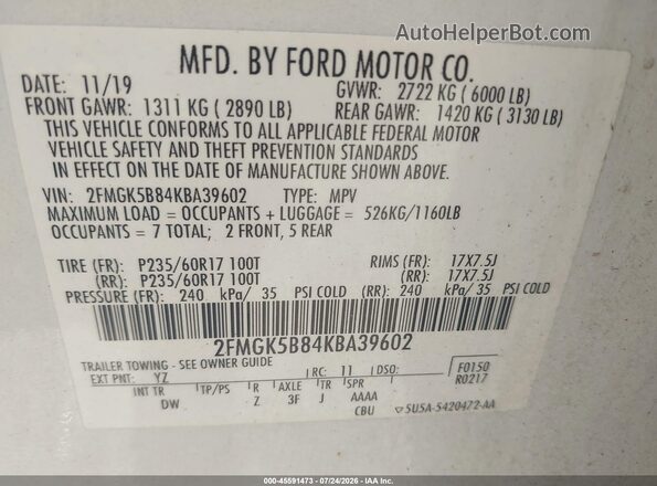 2FMGK5B84KBA39602 2019 FORD FLEX White Widok komory silnika