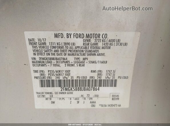 2FMGK5B88JBA07864 2018 FORD FLEX Серебряный Вид подкапотного пространства