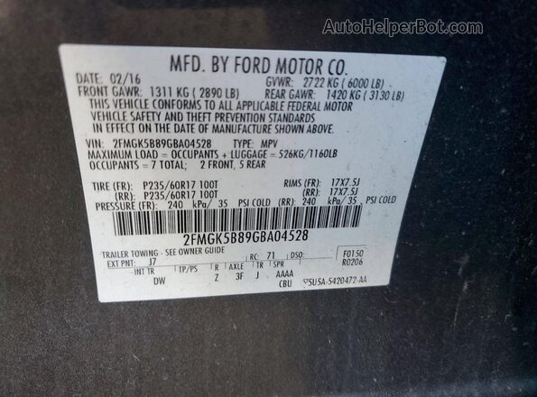 2FMGK5B89GBA04528 2016 FORD FLEX Gray Widok naklejki z numerem VIN