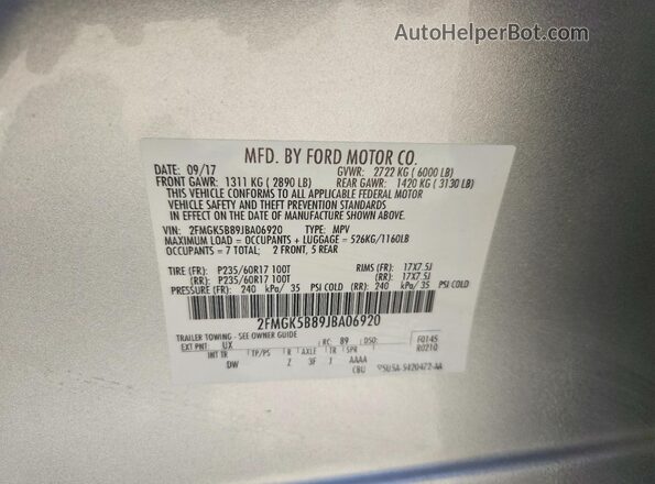 2FMGK5B89JBA06920 2018 FORD FLEX Серый Вид наклейки с VIN-кодом