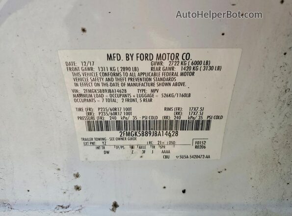 2FMGK5B89JBA14628 2018 FORD FLEX White VIN sticker view
