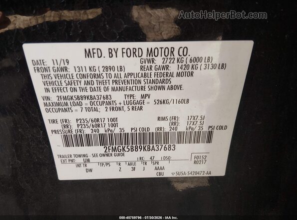 2FMGK5B89KBA37683 2019 FORD FLEX Black Engine compartment view
