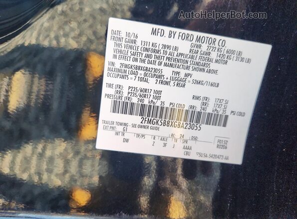 2FMGK5B8XGBA23055 2016 FORD FLEX Black Vista de la etiqueta del VIN