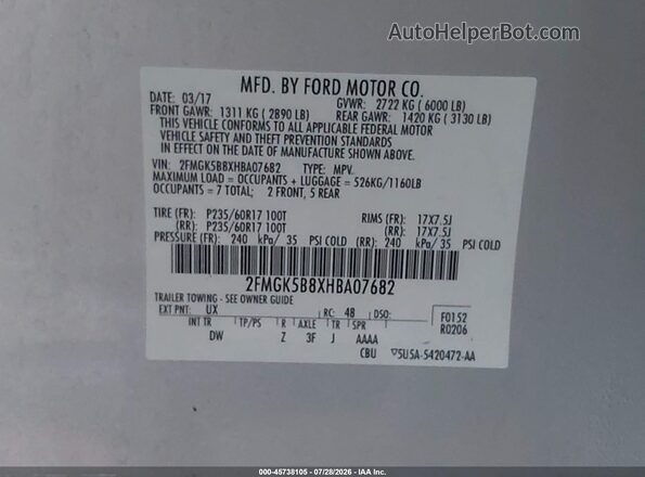 2FMGK5B8XHBA07682 2017 FORD FLEX Silver Вид підкапотного простору