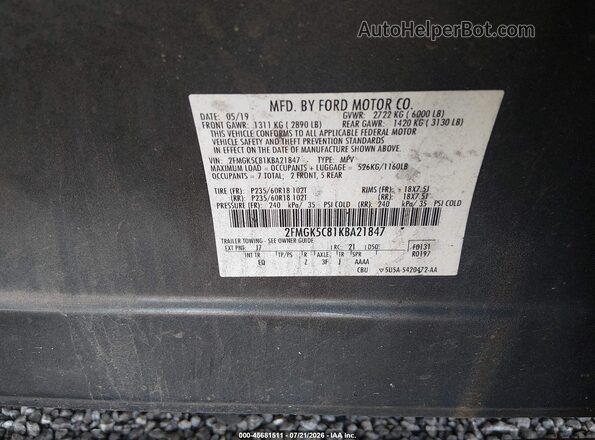 2FMGK5C81KBA21847 2019 FORD FLEX Gray Engine compartment view