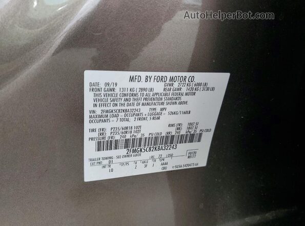 2FMGK5C82KBA32243 2019 FORD FLEX Brown Widok naklejki z numerem VIN