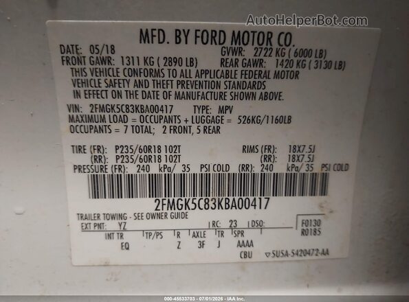 2FMGK5C83KBA00417 2019 FORD FLEX White Շարժիչի բաժամունքի տեսք