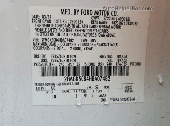 2FMGK5C84HBA07482 2017 FORD FLEX White Vista interior de 360 grados
