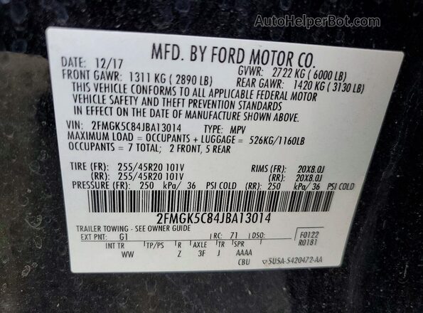 2FMGK5C84JBA13014 2018 FORD FLEX Black Вид наклейки з VIN-кодом