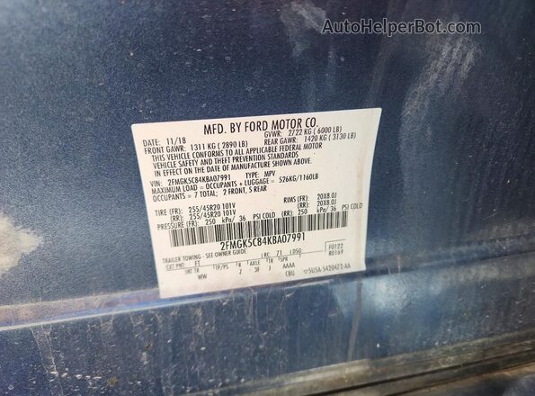 2FMGK5C84KBA07991 2019 FORD FLEX Blue Widok naklejki z numerem VIN