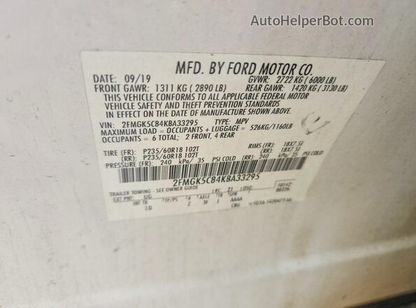 2FMGK5C84KBA33295 2019 FORD FLEX White VIN կոդի պիտակի տեսք
