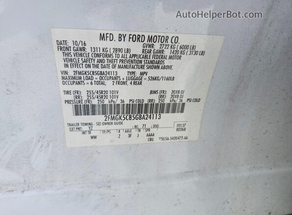 2FMGK5C85GBA24113 2016 FORD FLEX Белый Вид наклейки с VIN-кодом