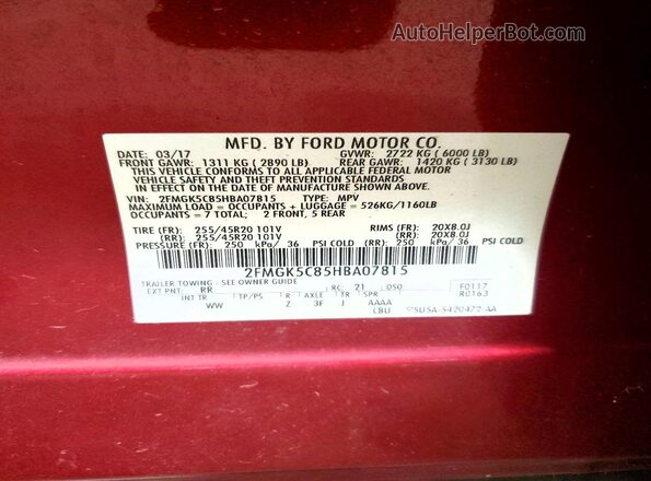 2FMGK5C85HBA07815 2017 FORD FLEX Red VIN კოდის სტიკერის ხედი