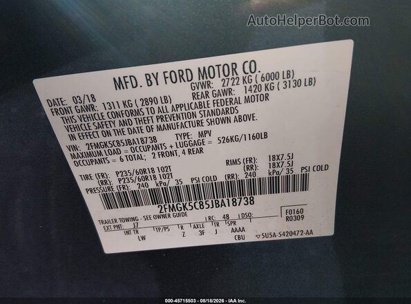 2FMGK5C85JBA18738 2018 FORD FLEX Gray Engine compartment view