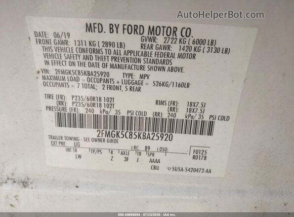 2FMGK5C85KBA25920 2019 FORD FLEX White Widok komory silnika