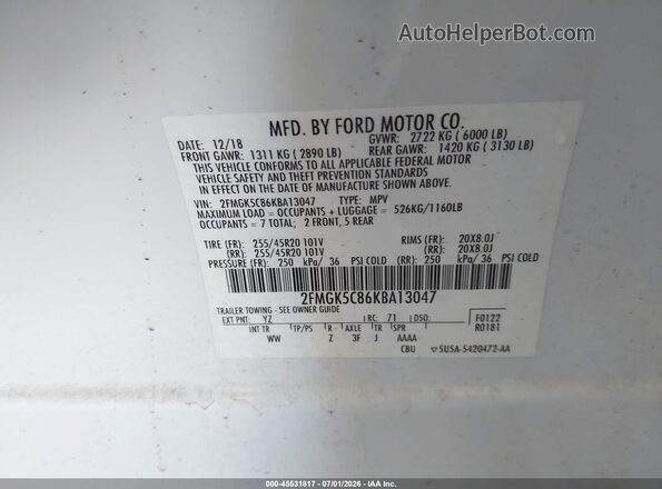 2FMGK5C86KBA13047 2019 FORD FLEX White Շարժիչի բաժամունքի տեսք