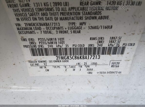 2FMGK5C86KBA17213 2019 FORD FLEX White Engine compartment view