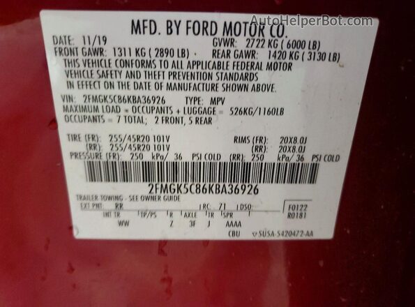 2FMGK5C86KBA36926 2019 FORD FLEX Burgundy VIN sticker view
