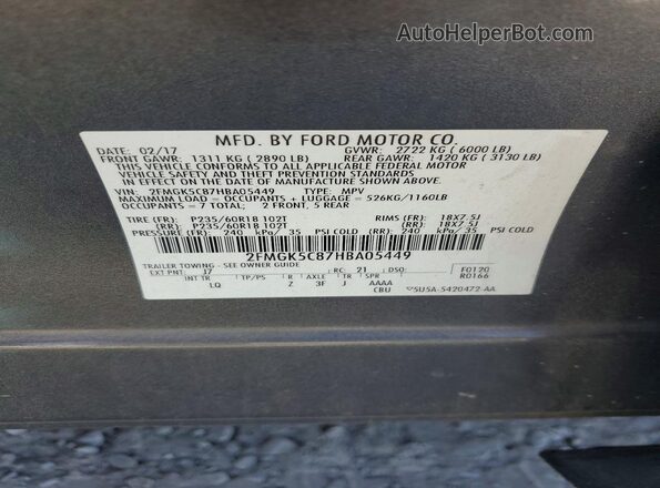 2FMGK5C87HBA05449 2017 FORD FLEX Gray Widok naklejki z numerem VIN