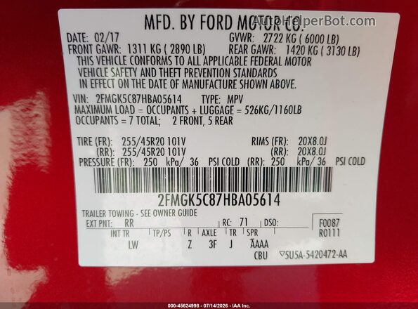 2FMGK5C87HBA05614 2017 FORD FLEX Burgundy Vista del compartimento del motor