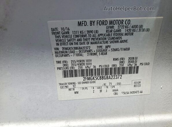2FMGK5C88GBA22372 2016 FORD FLEX White Widok wnętrza 360 stopni