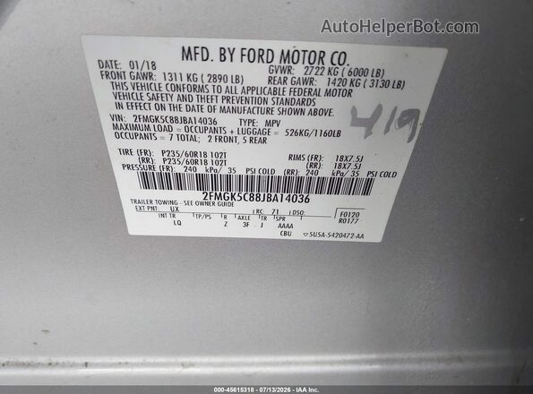 2FMGK5C88JBA14036 2018 FORD FLEX Silver Շարժիչի բաժամունքի տեսք