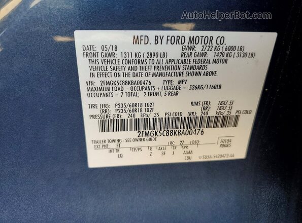 2FMGK5C88KBA00476 2019 FORD FLEX Blue Vista interior de 360 grados