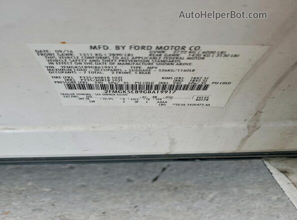 2FMGK5C89GBA19917 2016 FORD FLEX White Widok naklejki z numerem VIN